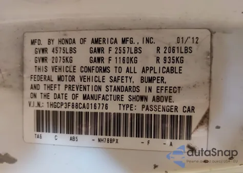 2012 Honda Accord 3.5 Ex-L from USA, damaged, VIN 1HGCP3F88CA016776